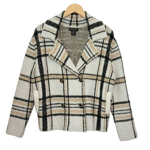 Rachel Zoe Plaid Double Breasted Cardigan Sweater Blazer Black Tan Career Wear M